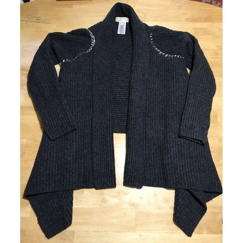 Michael Kors Gray Sweater Cardigan 100% Lamb‎ Wool Silver Chain Long Sleeve XS